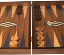Ubergames Walnoothout Backgammon - Blauwe Inleg, 48 X 60 X 4 X 8 Cm