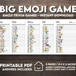 Virtual Emoji Quiz Game, Printable Emoji Pictionary Games, Instant Download, Boeken, TV Shows, Movie Quiz, Music Emoji, Family Party Games