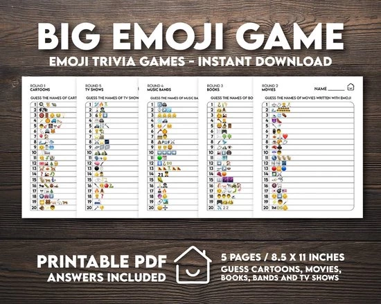 Virtual Emoji Quiz Game, Printable Emoji Pictionary Games, Instant Download, Boeken, TV Shows, Movie Quiz, Music Emoji, Family Party Games 3 Virtual Emoji Quiz Game, Printable Emoji Pictionary Games, Instant Download, Boeken, TV Shows, Movie Quiz, Music Emoji, Family Party Games