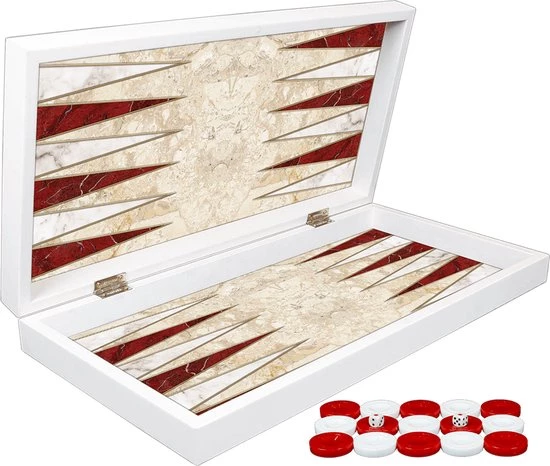 Yenig?n Tavla Klassiek Backgammon Rood En Wit Marmer Bordspel - Met Schaakbord - Turks Tavla - Maat L 38cm 3 Yenig?n Tavla Klassiek Backgammon Rood En Wit Marmer Bordspel - Met Schaakbord - Turks Tavla - Maat L 38cm