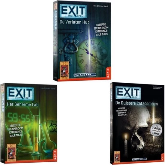 999 Games Spellenbundel - 3 Stuks - Exit - De Verlaten Hut & Het Geheime Lab & De Duistere Catacomben 3 999 Games Spellenbundel - 3 Stuks - Exit - De Verlaten Hut & Het Geheime Lab & De Duistere Catacomben