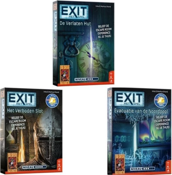 999 Games Spellenbundel - 3 Stuks - Exit - De Verlaten Hut & Het Verboden Slot & Evacuatie Van De Noordpool 3 999 Games Spellenbundel - 3 Stuks - Exit - De Verlaten Hut & Het Verboden Slot & Evacuatie Van De Noordpool